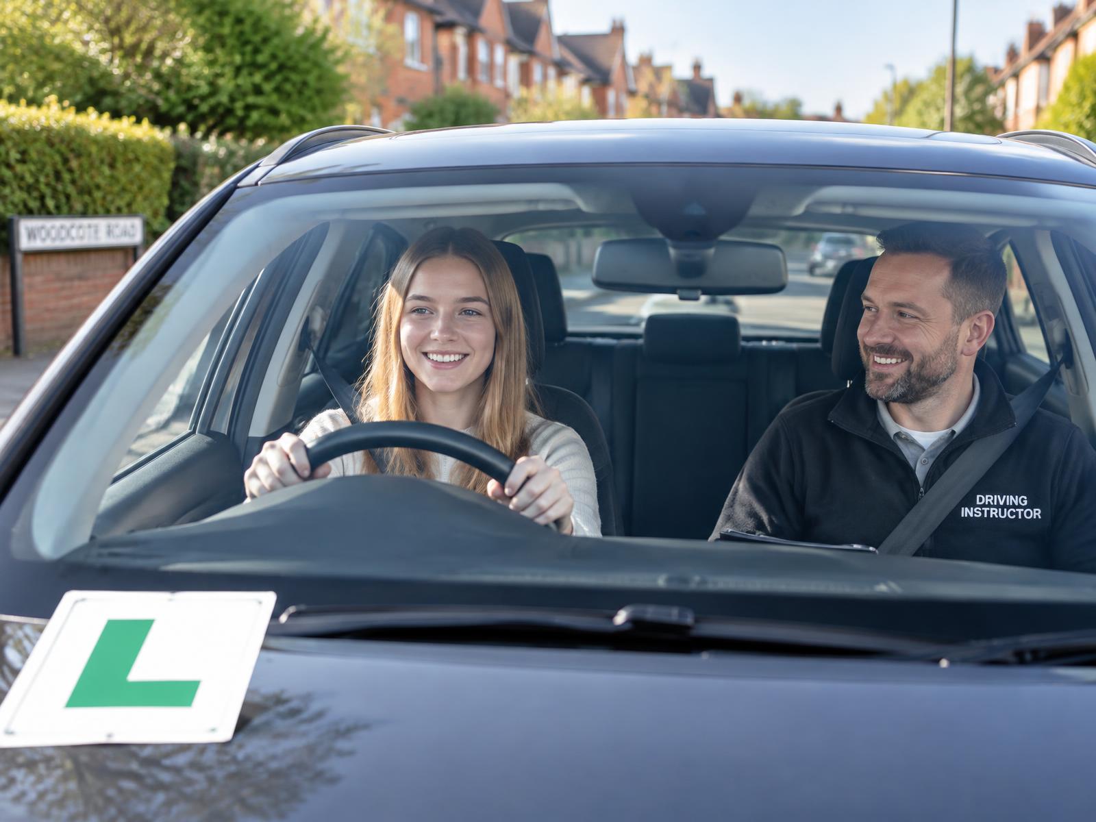Learner driver having a driving lesson with an instructor on a UK street